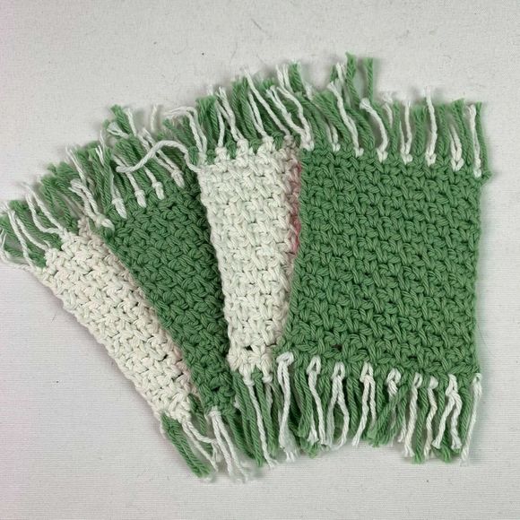 Mug Rugs Coasters Handmade Crochet Green White Fringe Set of 4 Home Decor - Picture 3 of 8